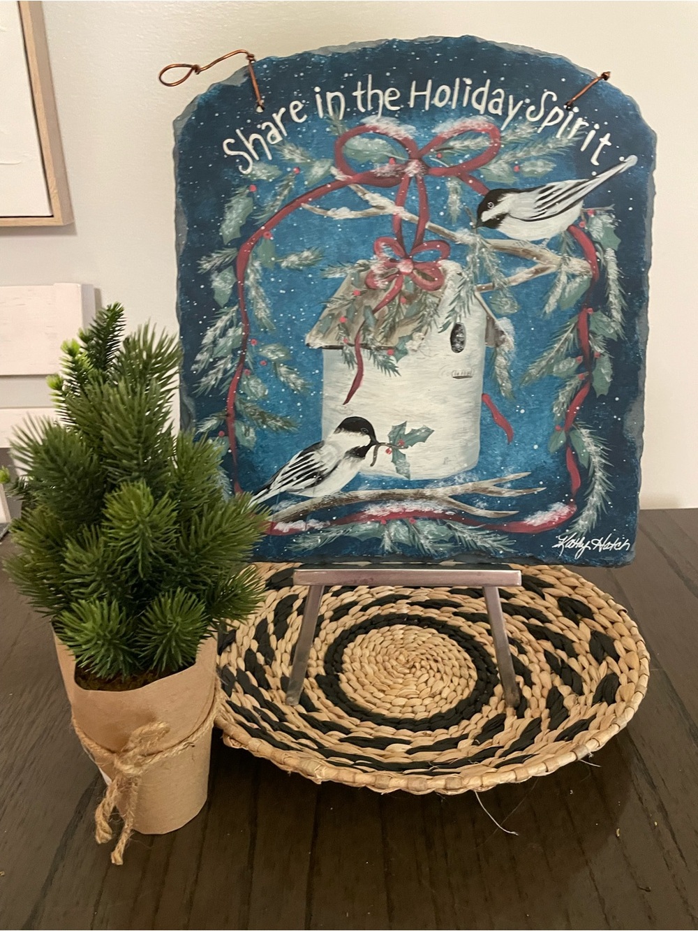 Holiday Slate Plaque Wall Art - Blue Birdhouse Design on slate